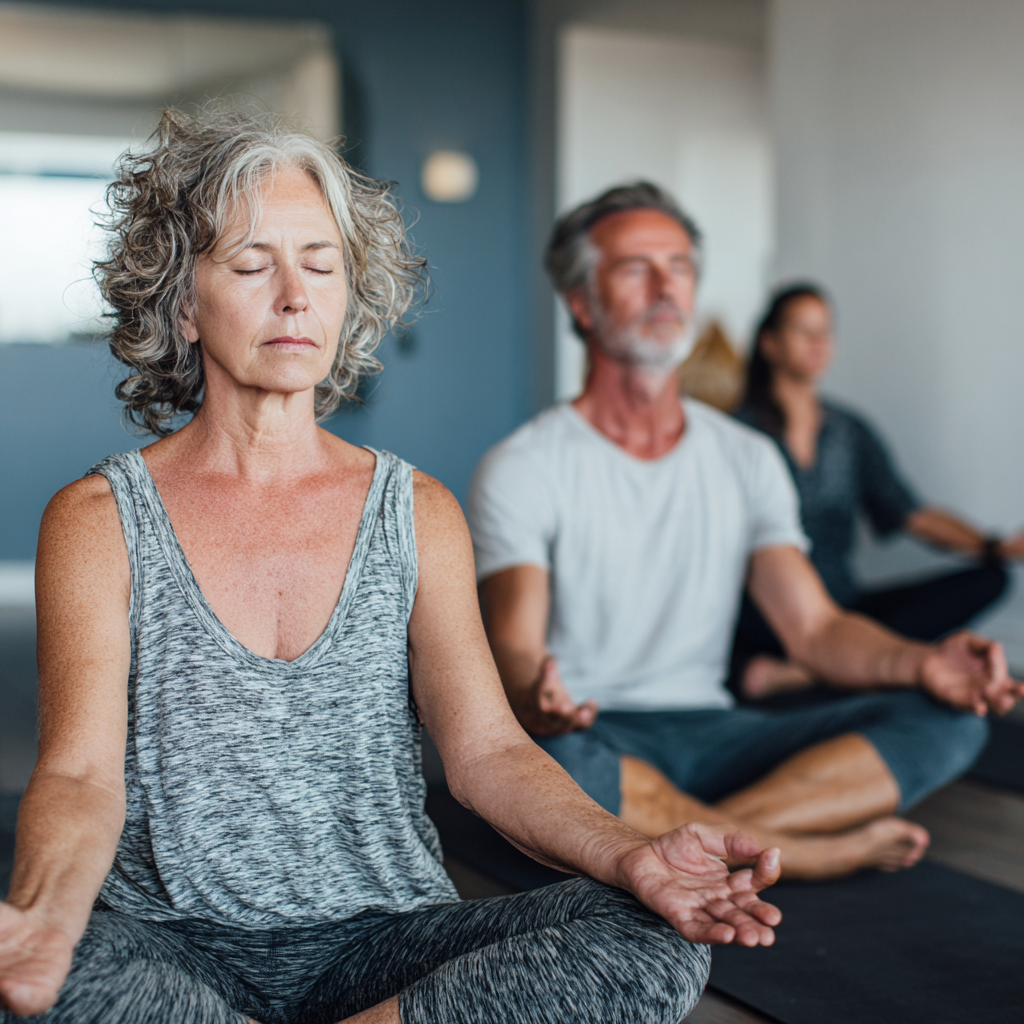 Middle-aged adults practicing gentle yoga poses in serene studio environment