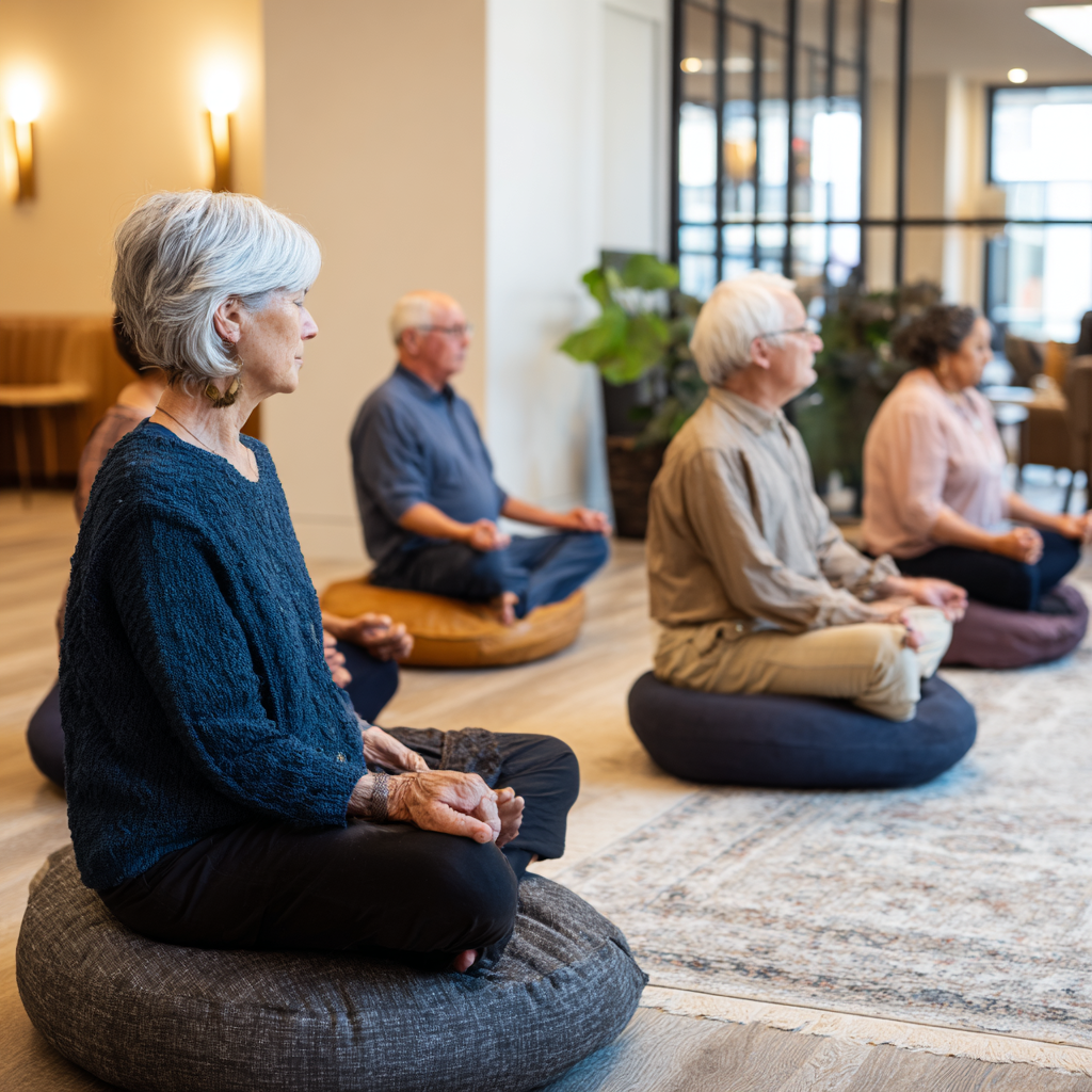 Peaceful meditation space with older adults in comfortable seated positions